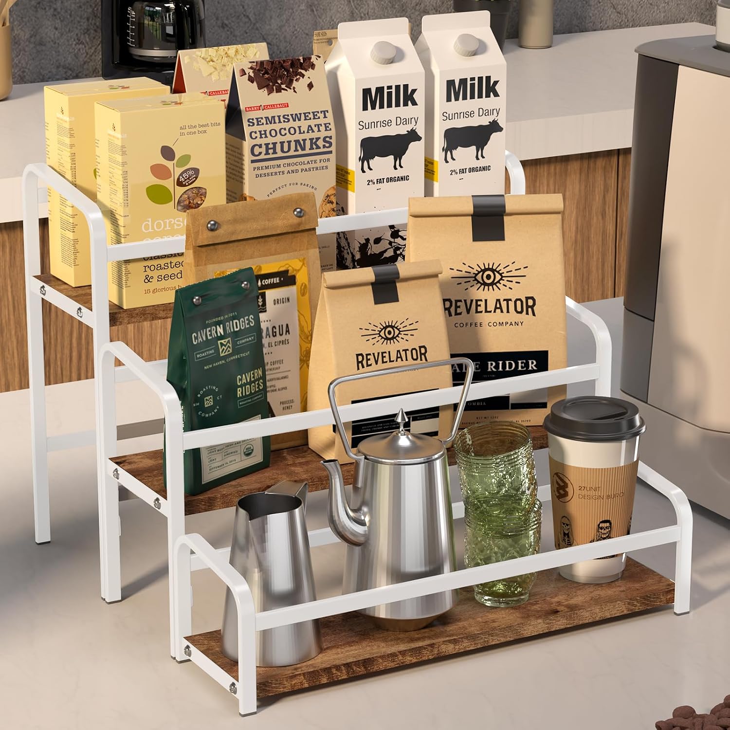Coffee Syrup Rack,12 Bottle Capacity,3 Tier Coffee Bar Organizer,Kitchen Wine Rack,Coffee Station for Syrup, Wine Stand Shelf,Coffee Bar Accessories (Dark Brown Wood, White)