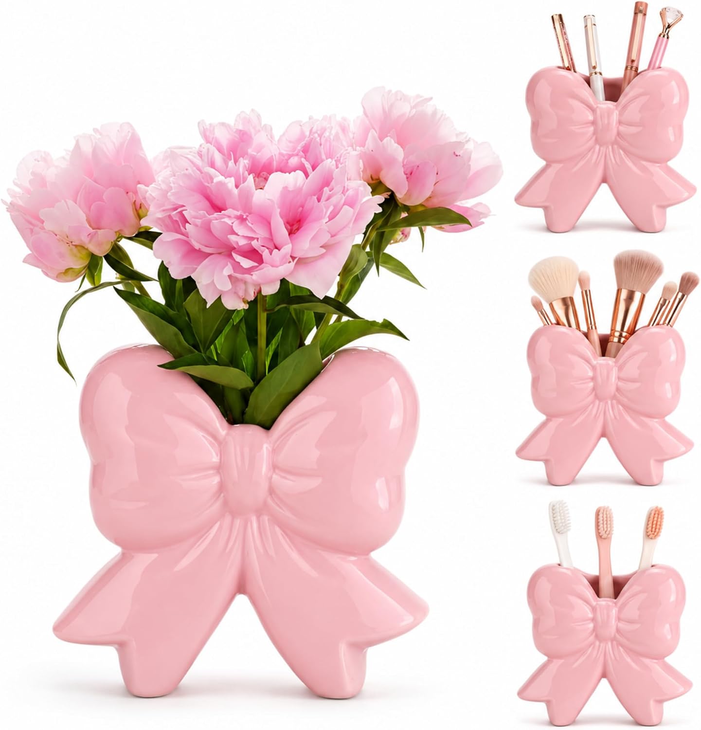 Jingmore Vase Coquette Ceramic Pink Toothbrush Holder Vase Pen Makeup Brush Holder Contemporary Design Decorative Women Gift for Christmas Home Office Shelf Table Room(Small,Classic,Pink)