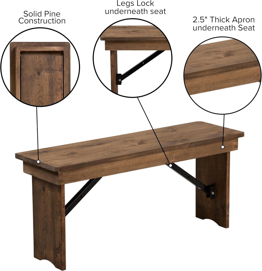 Flash Furniture Hercules Series 40" x 12" Commercial Grade Rustic Solid Pine Folding Bench, Antique Farmhouse Dining Bench, Seats up to 2 Adults