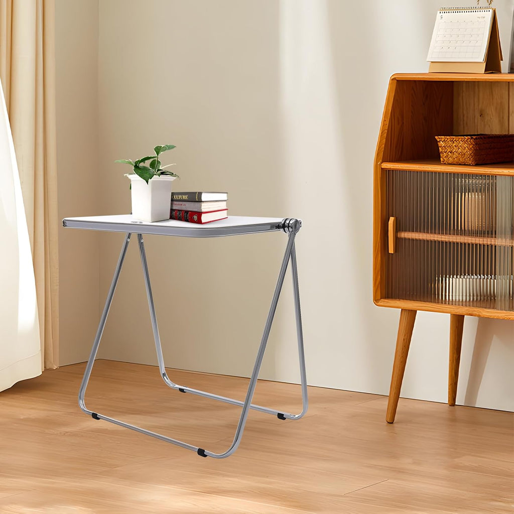 Foldable Side Table 27 Inch - Clear Tea Tinted Portable Desk｜Space-Saving Nesting Table w/Dual-Axle Joint｜Bedside End Table for Small Apartments & Home Office (NO-Transparency White)