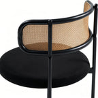 Rattan Dining Chairs Set of 2, Kitchen Chairs with Curved Cane Backrest &Metal Legs, Modern Dining Room Chair, Round Upholstered Sherpa Chair for Living Room, Black