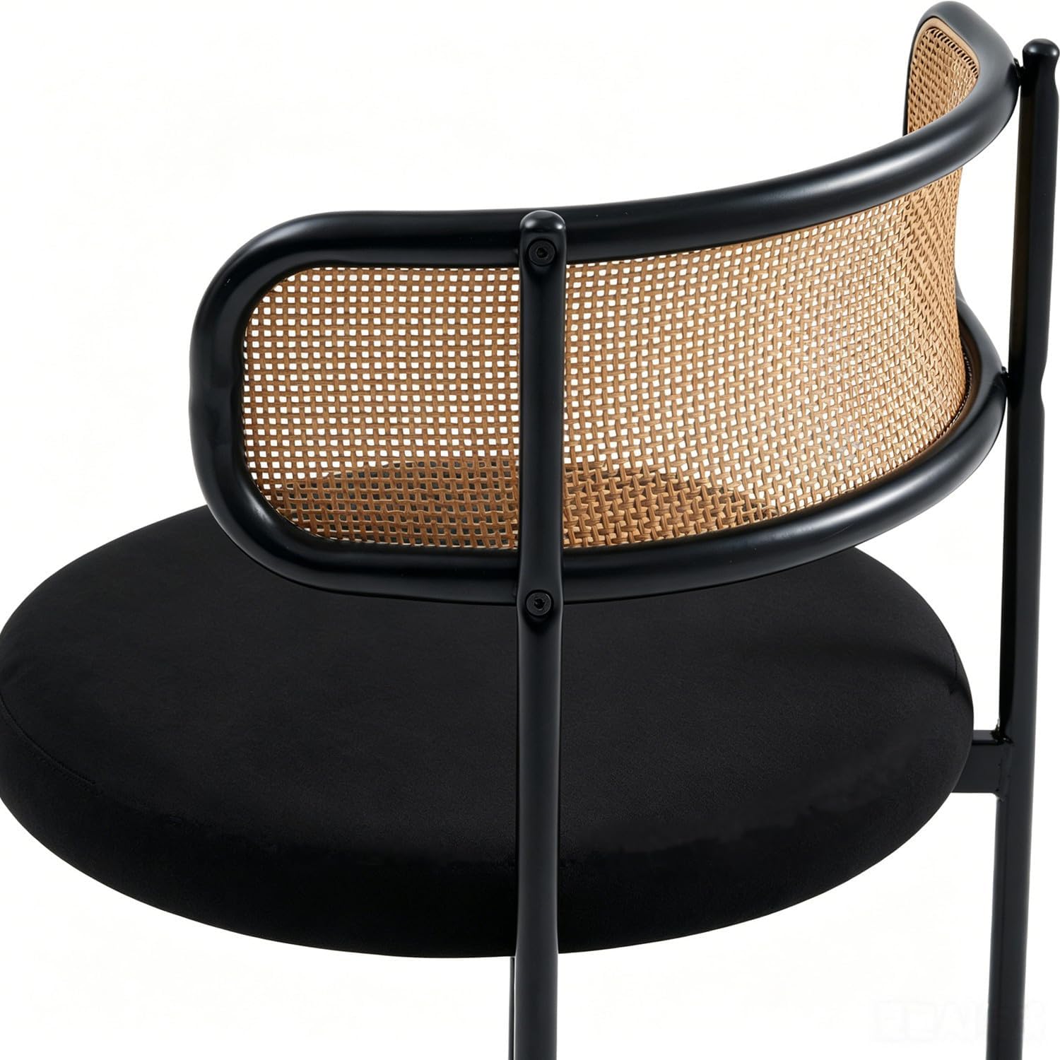 Rattan Dining Chairs Set of 2, Kitchen Chairs with Curved Cane Backrest &Metal Legs, Modern Dining Room Chair, Round Upholstered Sherpa Chair for Living Room, Black