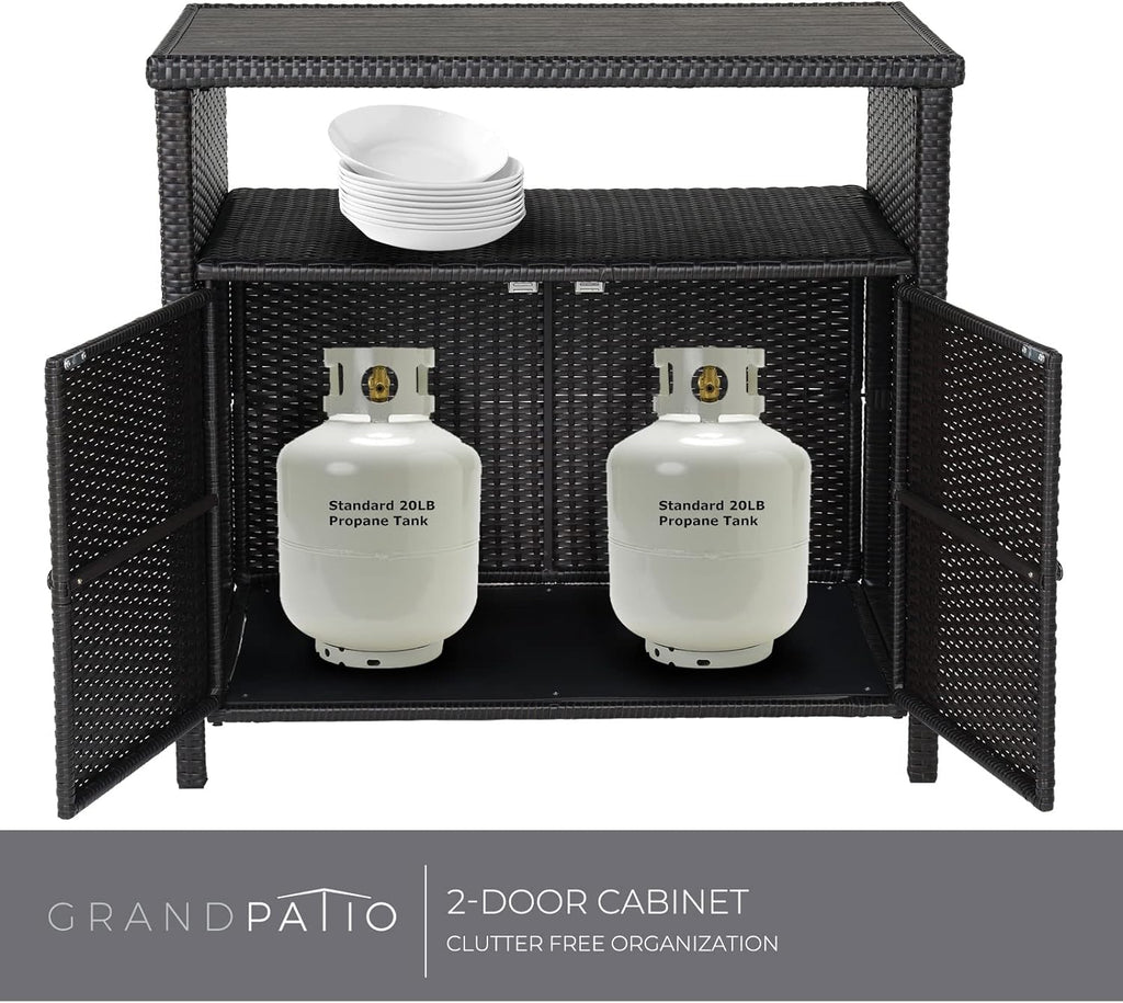 Grand patio Wicker Storage Cabinet Outdoor Waterproof Buffet Cabinet Patio Bar Table with Two Doors and Shelves Wicker Sideboard for Garden Kitchen Pool Dark Brown