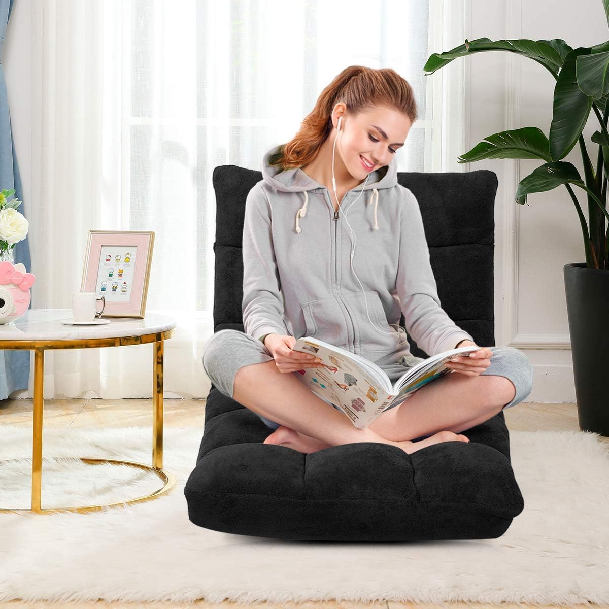 BANGTANE 14-Position Floor Chair, Adjustable Folding Gaming Chair Lazy Sofa w/Cushion, Meditation Chair with Back Support, Folding Floor Couch for Reading Bedroom, Living Room for Adults Kids (Black)