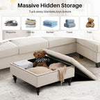 4-in-1 Square Storage Ottoman Bench with Rolling Wheels,Large Ottoman with Storage,Upholstered Coffee Table for Living Room/Bedroom,Beige
