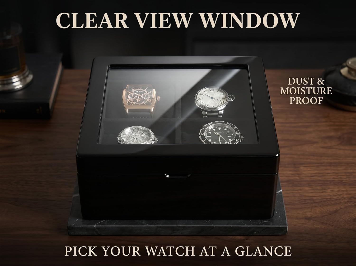 WB814-BK 4-Slot Walnut Wood Watch Box for Men with Glass Lid, Velvet-Lined Solid Wood Timepiece Storage Organizer Gift Idea
