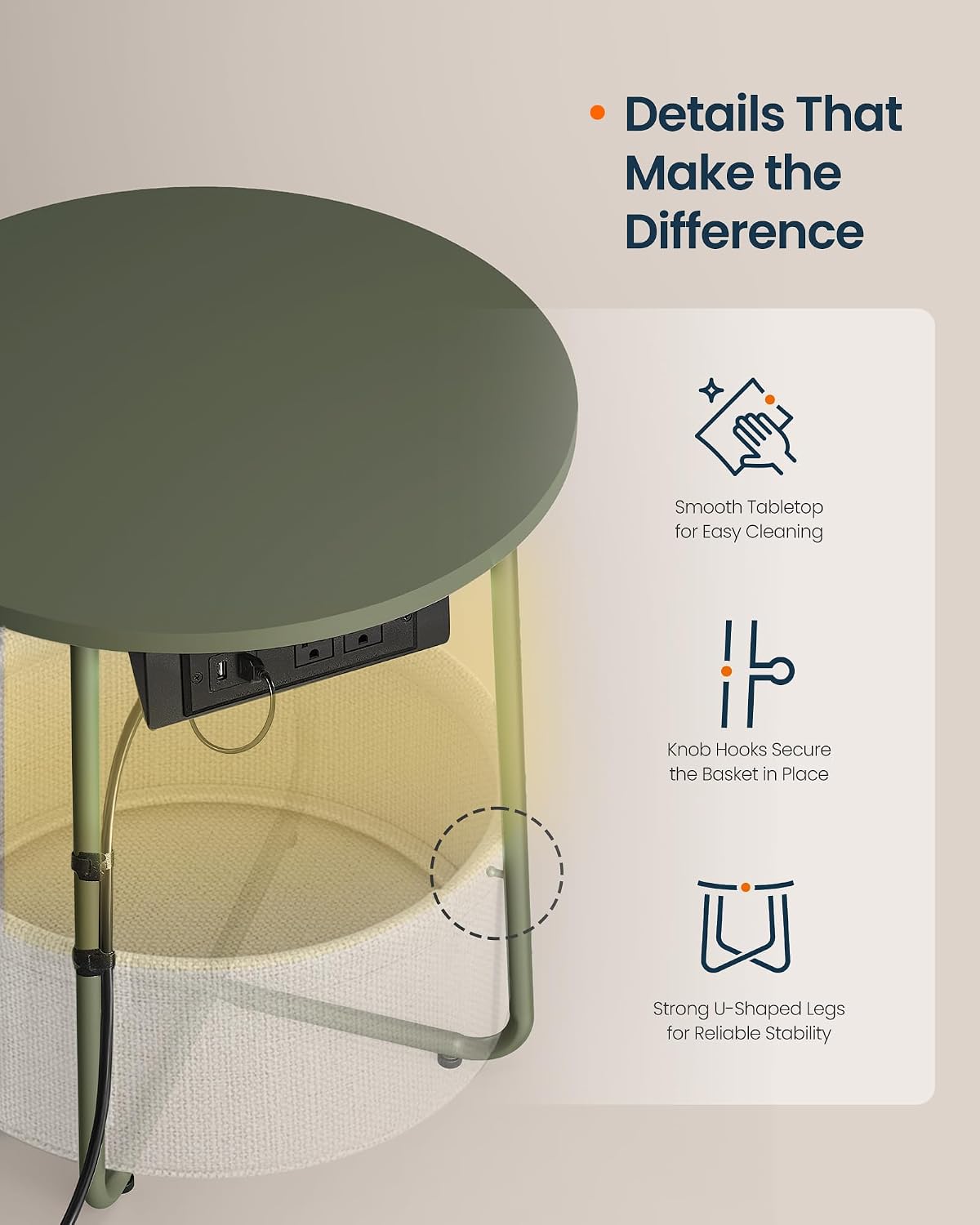 SONGMIC HOME LED Round Side End Table, Nightstand with Charging Station and Lights, Fabric Basket, for Living Room, Green and Brown