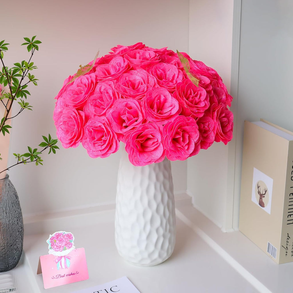 Glitter Rose Flower Bouquet, Fake Roses Bouquet 16 Pcs DIY Glitter Rose Bouquet Kits Birthday Gifts for Women Mom Mother's Day Anniversary Graduation - Hot Pink