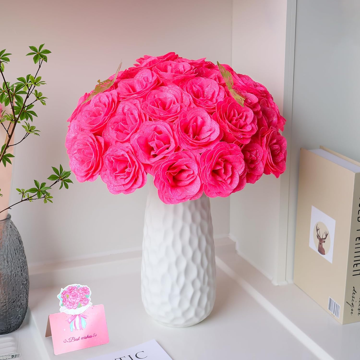 Glitter Rose Flower Bouquet, Fake Roses Bouquet 16 Pcs DIY Glitter Rose Bouquet Kits Birthday Gifts for Women Mom Mother's Day Anniversary Graduation - Hot Pink