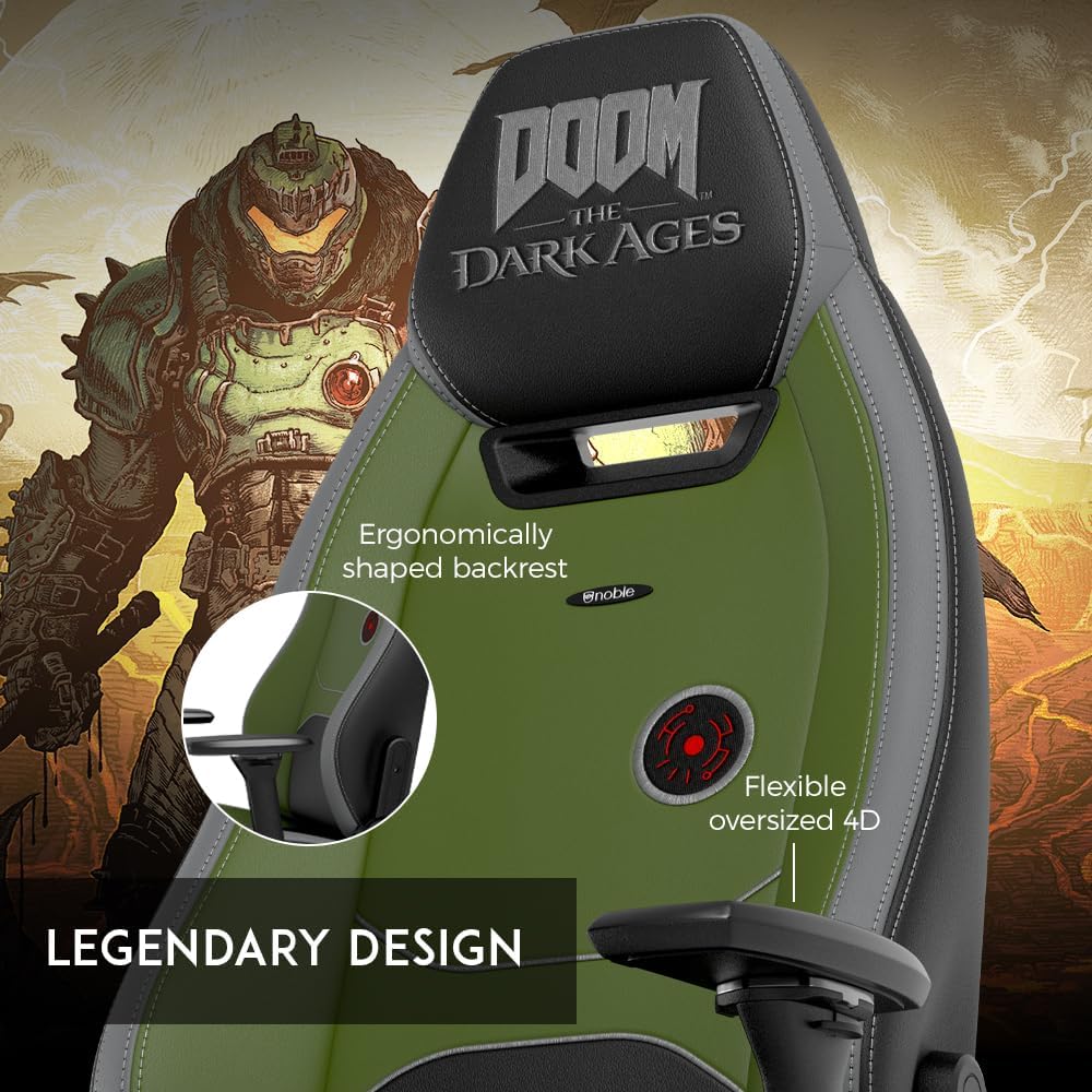 noblechairs Legend Gaming Chair – Doom: The Dark Ages Edition – Premium PU Leather, Adjustable Ergonomics, Lumbar Support, 4D Armrests – Officially Licensed Bethesda Collectible