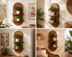 Boho Wall Shelf Decor Plant Wall Shelf Mid Century Modern Decor Hanging Plant Shelves, 2 Tier Wooden Art Floating Shelves for Home Bathroom Bedroom Living Room Planter