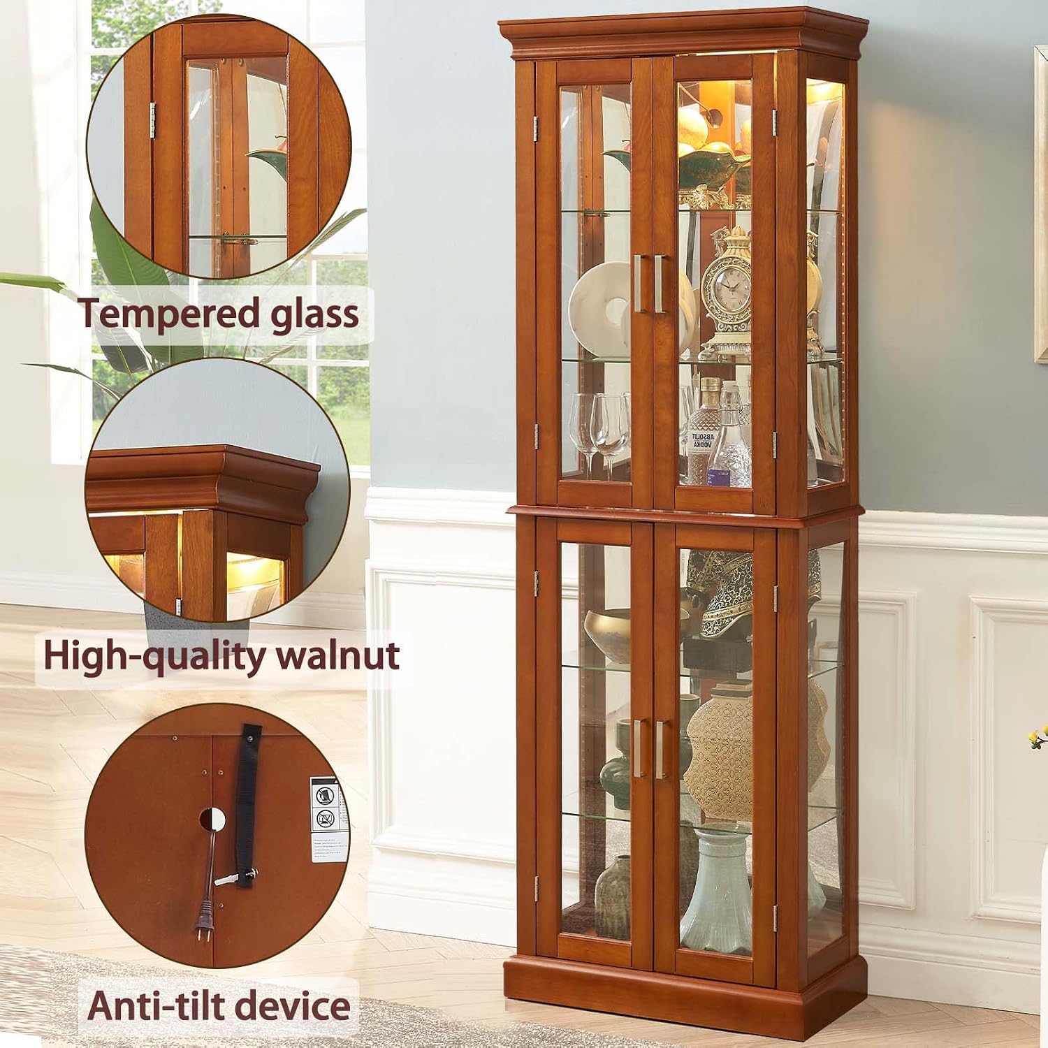70"H Curio Cabinet,Curio Cabinet with Glass Doors,Wood Display with Adjustable Glass Shelves,Lighted Curios Cabinets,Vintage Accent Storage Cabinets with 6 Shelves,Curiocabinet for Living Room(Walnut)