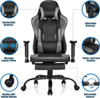 GYMAX Gaming Chair, High Back Computer Gaming Chair with Adjustable Armrests & Massage Lumbar Support, Swivel Ergonomic Reclining Office Chair (Black)