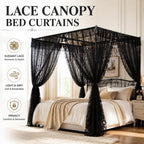 Lace Canopy Bed Curtains Set Black Queen Bed Canopy Curtains Soft Romantic Canopy Scarf Cute Bedroom Decor, No Pole, Consists of 8, 39" x 79"