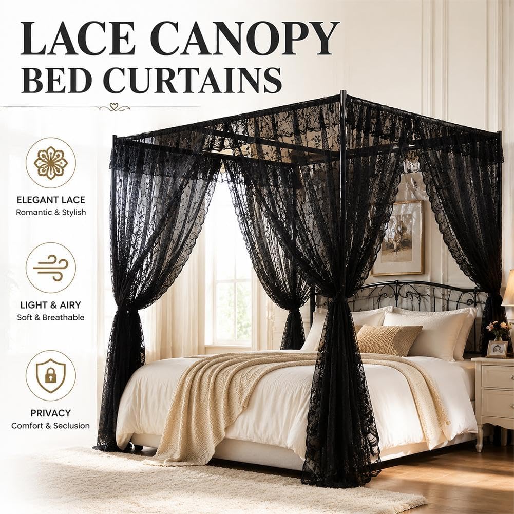 Lace Canopy Bed Curtains Set Black Queen Bed Canopy Curtains Soft Romantic Canopy Scarf Cute Bedroom Decor, No Pole, Consists of 8, 39" x 79"
