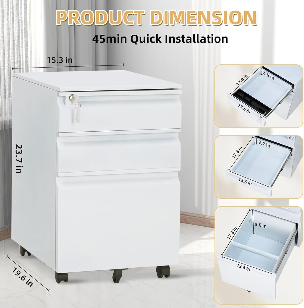 Garvee Mobile Filing Cabinet 3 Drawer,Under Desk File Cabinet with Lock & Anti-Tip Wheel, Metal Rolling Filing Cabinets for Home Office Organizer,a4/Letter/Legal Hanging File Folders