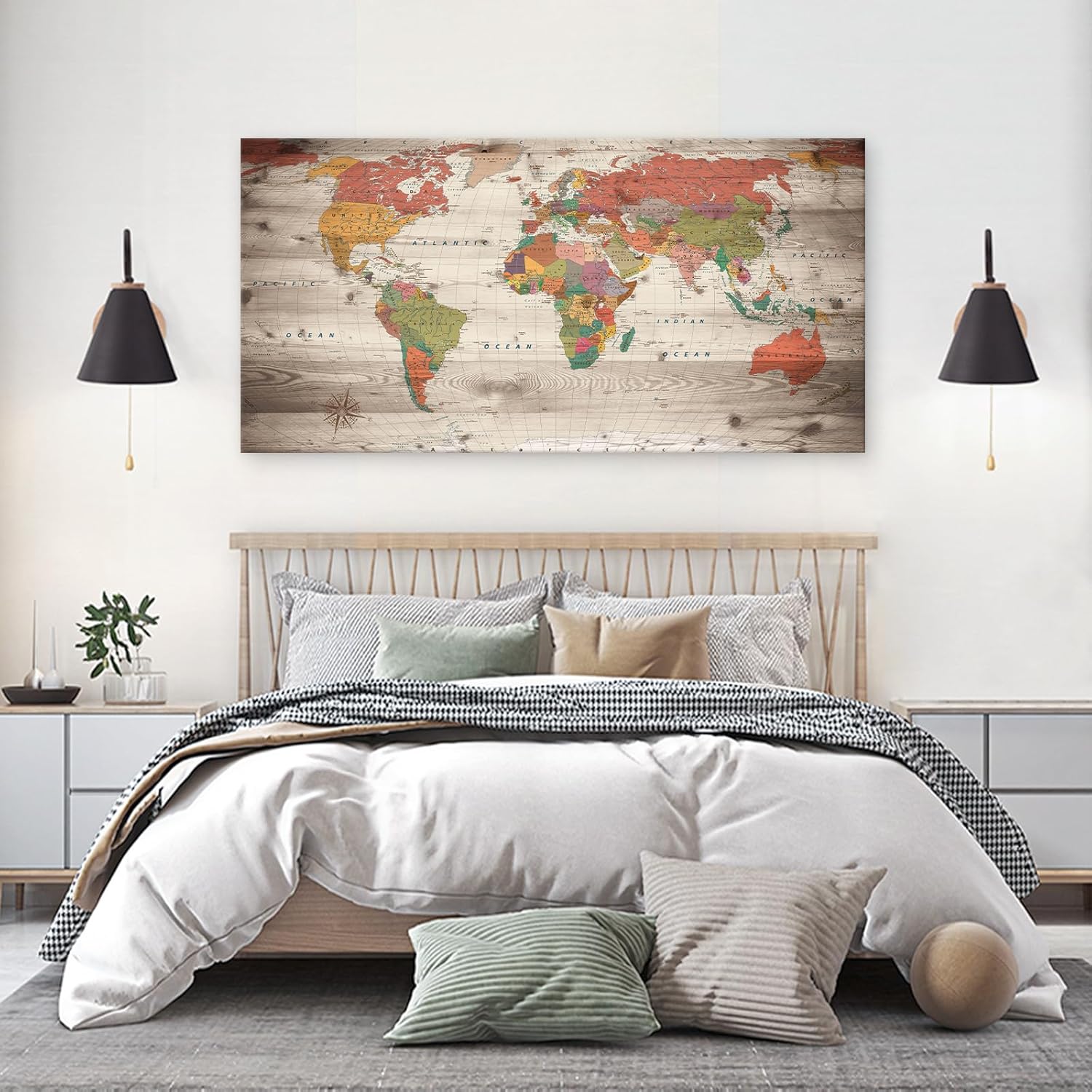 Vintage World Map Wall Art, Large Antique Style Map on Wood Plank Background, Retro Political World Map Poster for Living Room, Office, Study Decor, Canvas Print/Wall Decor
