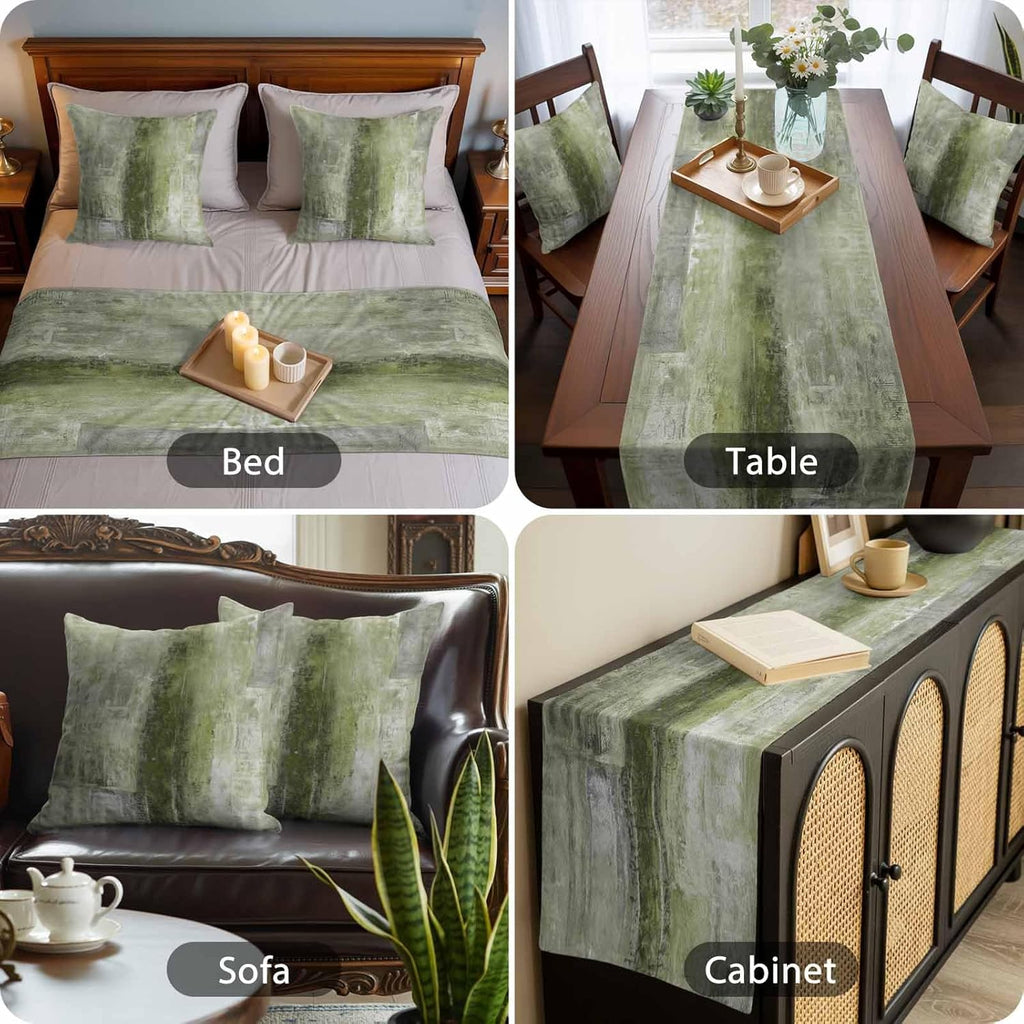 Bed Runner for King Size Bed, Sage Green Decorative Beds Runners and 2 Matching Pillow Covers Set, Retro Oil Painting Modern Abstract Art Aesthetics Beds Scarf Throw for Foot of Bedding Set for Hotel
