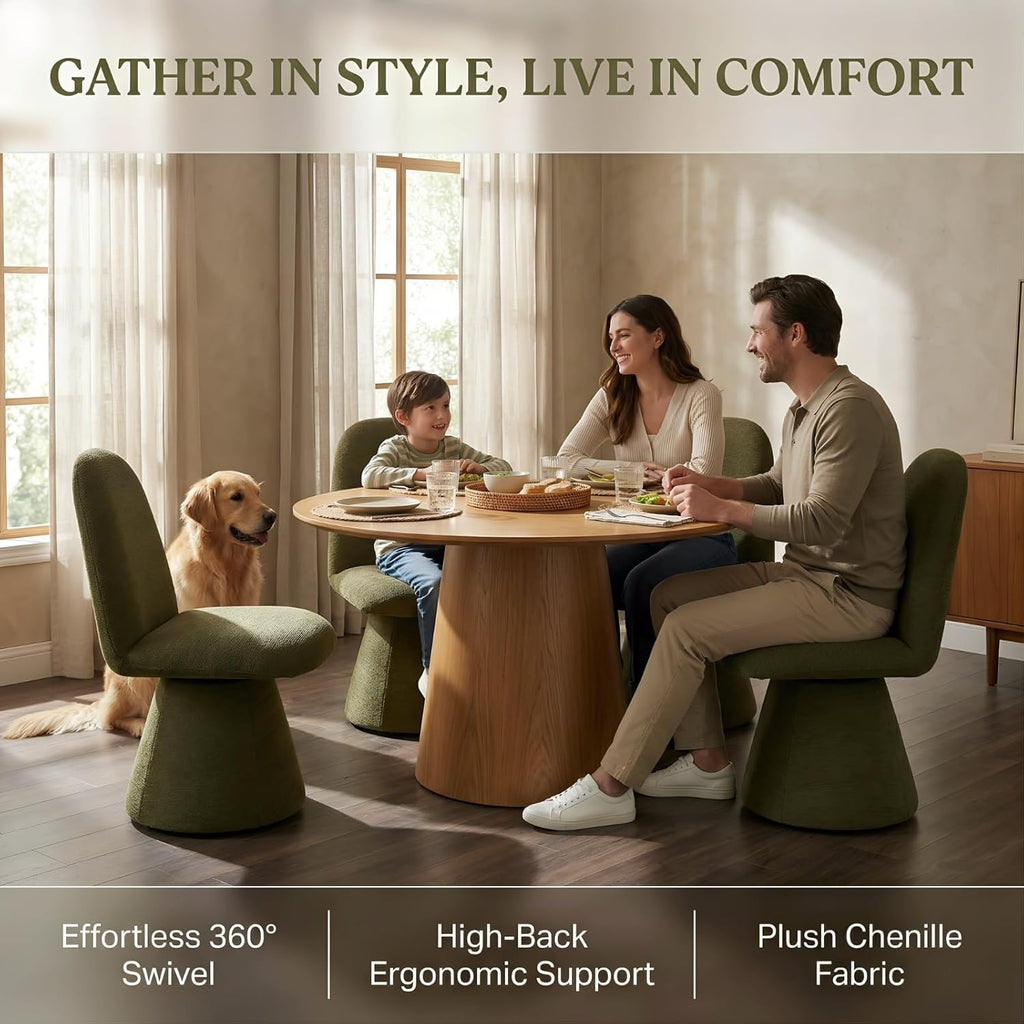 DUOMAY 360° Swivel Dining Chairs Set of 2, Mid Century Modern High Back Upholstered Kitchen Room Chair with Silent Rotating Base, Soft Chenille Accent Chair for Home Office Bedroom Reading, Green