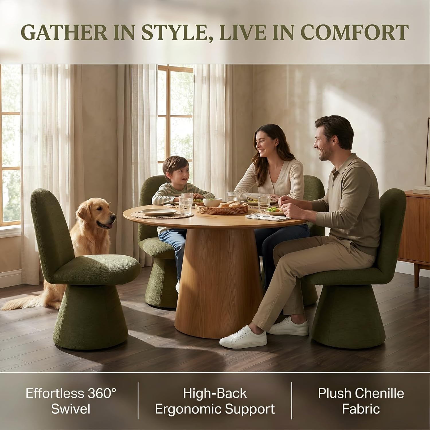 DUOMAY 360° Swivel Dining Chairs Set of 2, Mid Century Modern High Back Upholstered Kitchen Room Chair with Silent Rotating Base, Soft Chenille Accent Chair for Home Office Bedroom Reading, Green