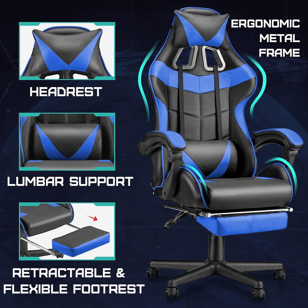 Huracan Gaming Chair with Footrest, Ergonomic Computer Chair Lumbar Support, Adjustable High Back Recliner for Adults, Racing Style Video Gaming Chairs, for Home Office Streaming, Blue