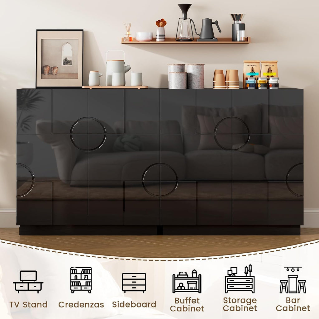 LVSOMT Sideboard Buffet Cabinet with Storage, Modern Accent Cabinet with Doors and Adjustable Shelve, 33" Wood Coffee Bar Cabinet for Kitchen, Entryway, Living Room, High Gloss Black
