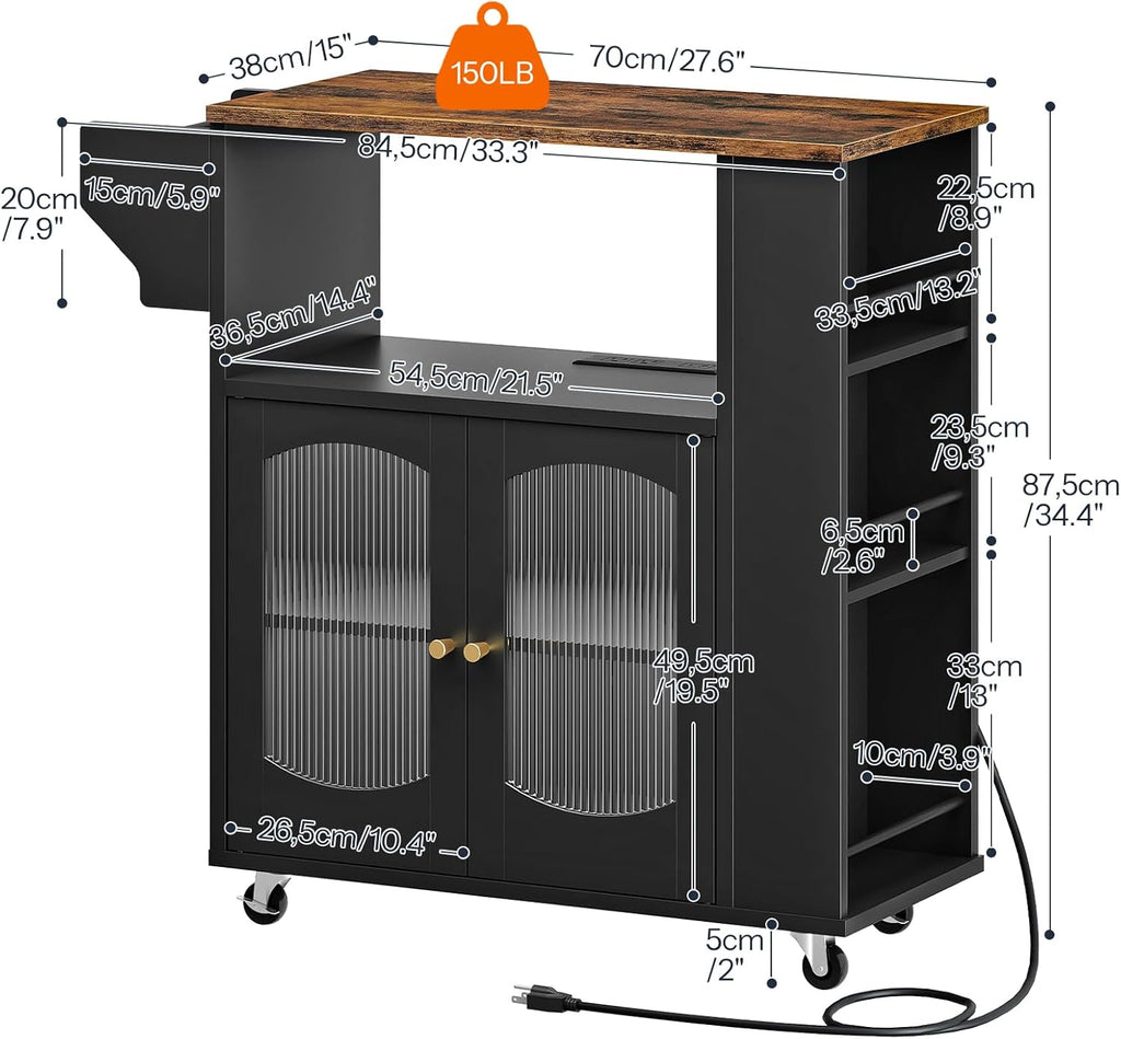HOOBRO Kitchen Island with Power Outlet, Rolling Kitchen Island with Glass Doors and Open Storage Shelf, Island Table with Spice Rack, Towel Rack for Kitchen, Rustic Brown and Black BF53UZD01