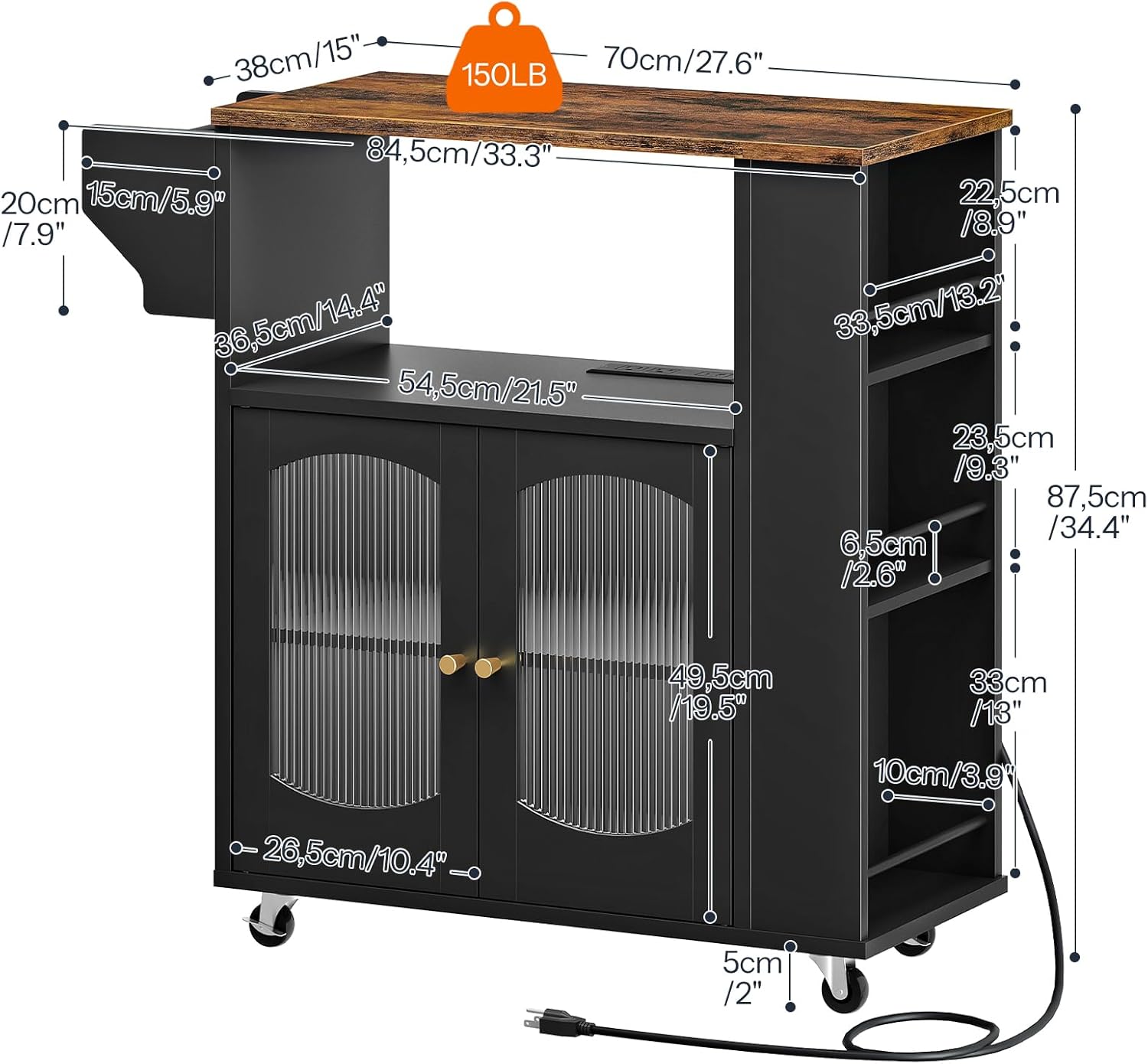 HOOBRO Kitchen Island with Power Outlet, Rolling Kitchen Island with Glass Doors and Open Storage Shelf, Island Table with Spice Rack, Towel Rack for Kitchen, Rustic Brown and Black BF53UZD01