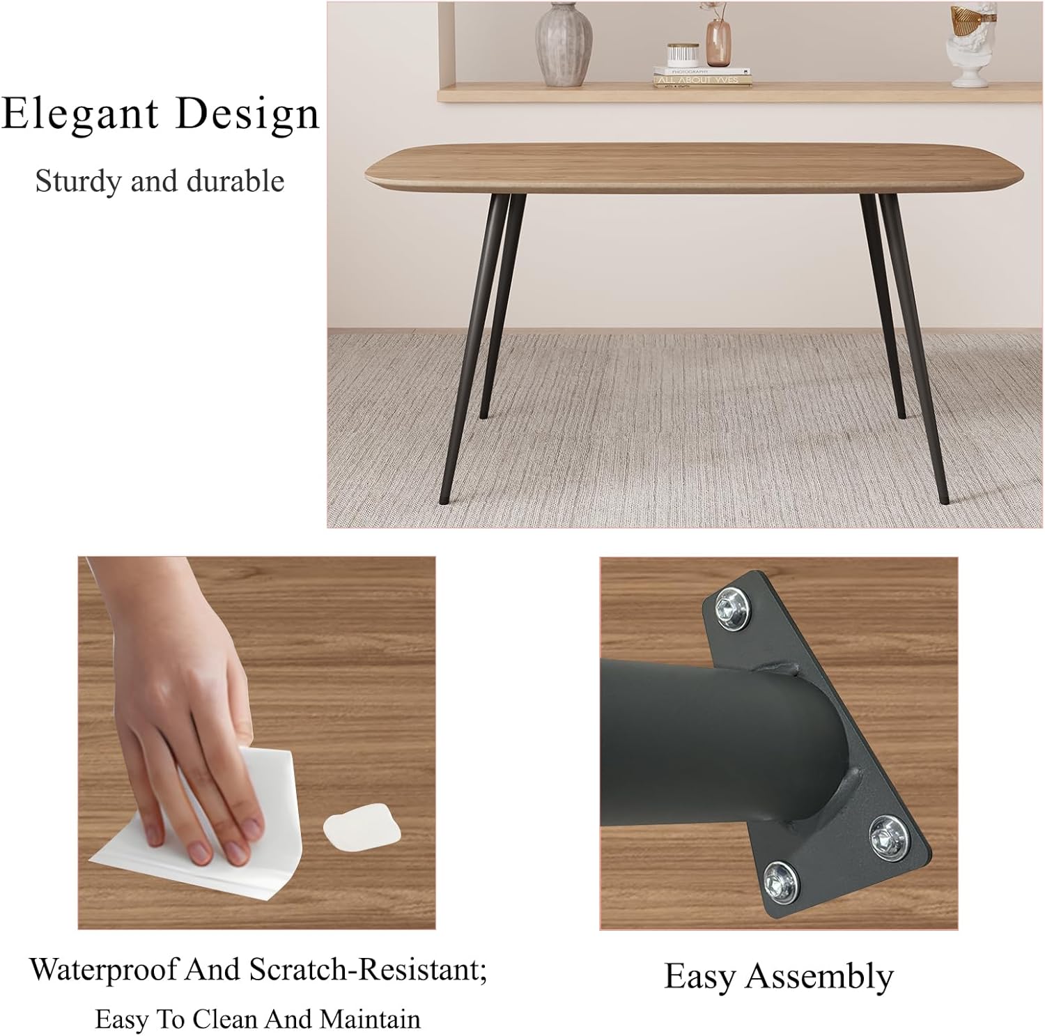 HIPIHOM 47.2'' Dining Table Set for 4,Modern Wood Dining Table,Leather Dining Chairs 4,Table and Chairs Set of 4,Ideal for Kitchen Dining Room (Walnut Color Table + 4 U-Shaped White Chairs, 47.2")