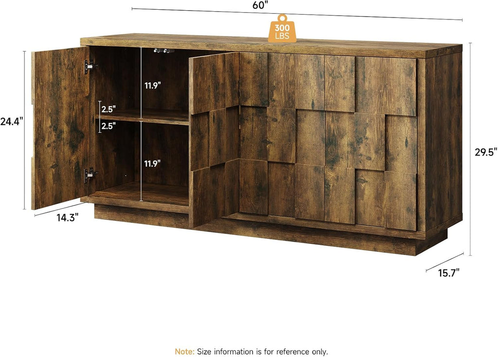 ONBRILL 60" Sideboard Buffet Cabinet with Storage, Irregular Panel Design Credenza Mid Century Farmhouse Coffee Bar Cabinet with 4 Doors & Adjustable Shelves for Living Room, Hallway (Rustic Brown)