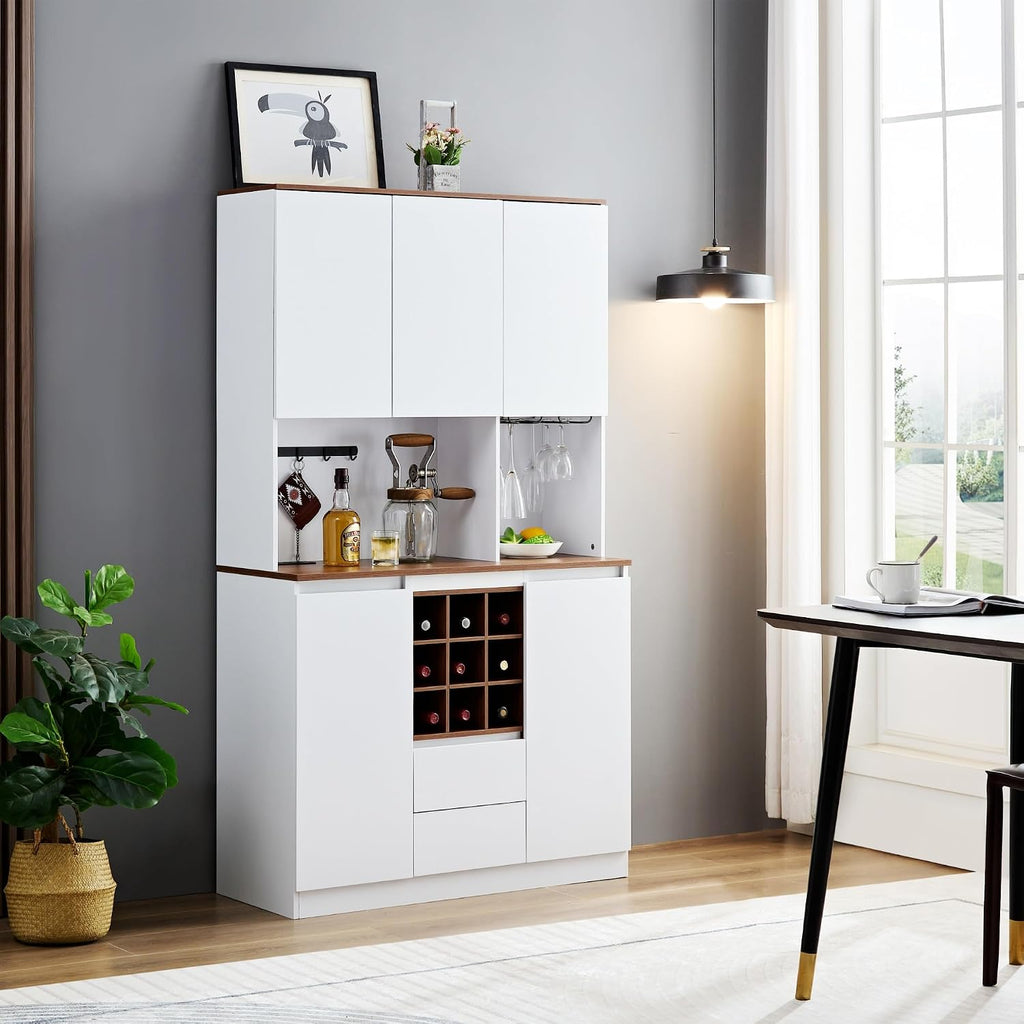 VERYKE 68.9'' Tall Kitchen Pantry with Microwave Shelf&Charging Station,Freestanding Kitchen Storage Cabinet with Hutch,Wood Buffet Hutch Liquor Cabinet for Home & Dining Room