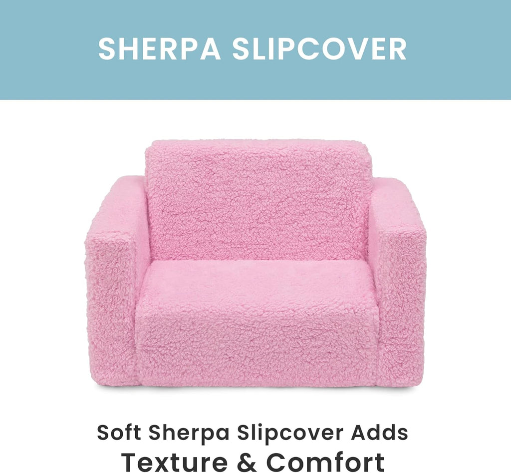 Delta Children Cozee Flip-Out Sherpa 2-in-1 Convertible Chair to Lounger for Kids, Pink