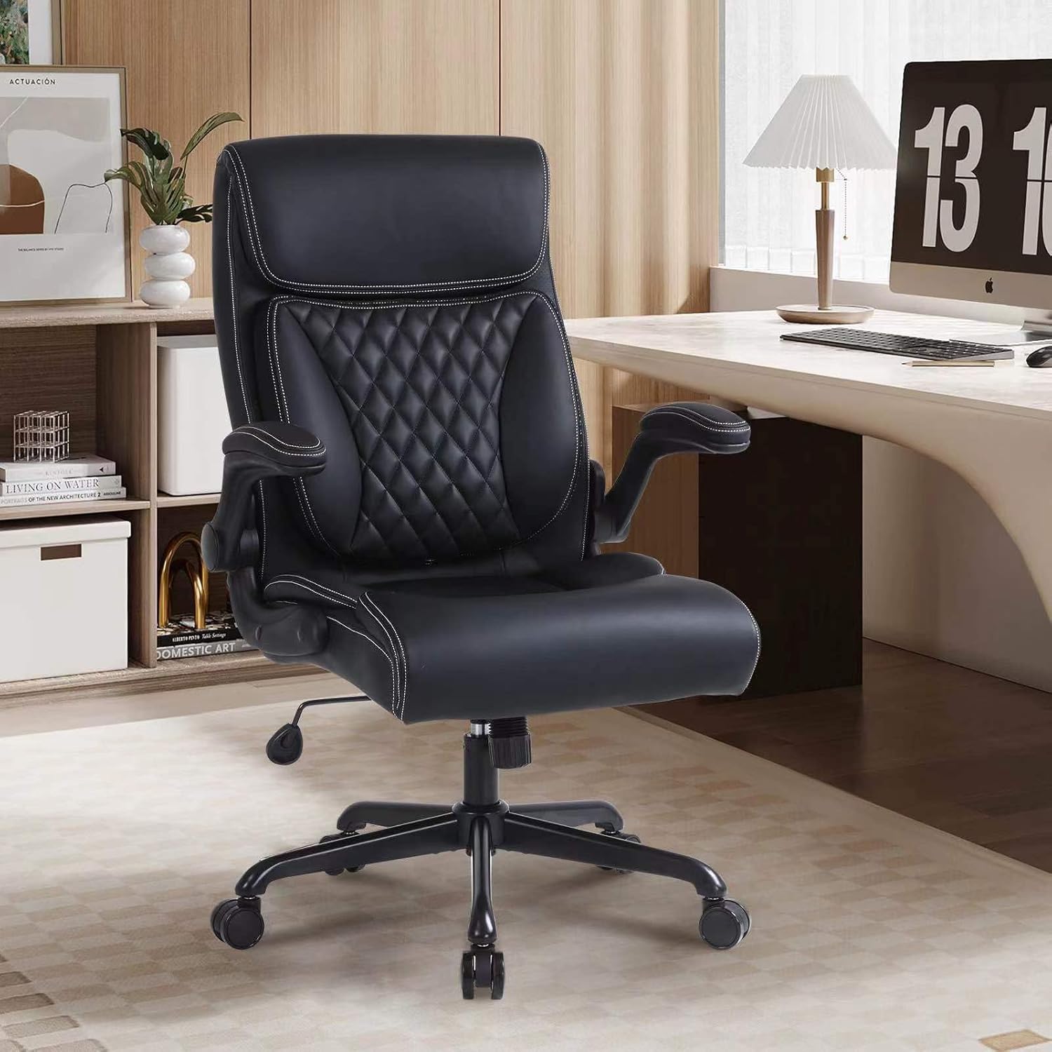Youhauchair Executive Office Chair, Ergonomic PU Leather Computer Desk Chair with Lumbar Support, Flip-up Armrests and Adjustable Height, for Home Office, Black