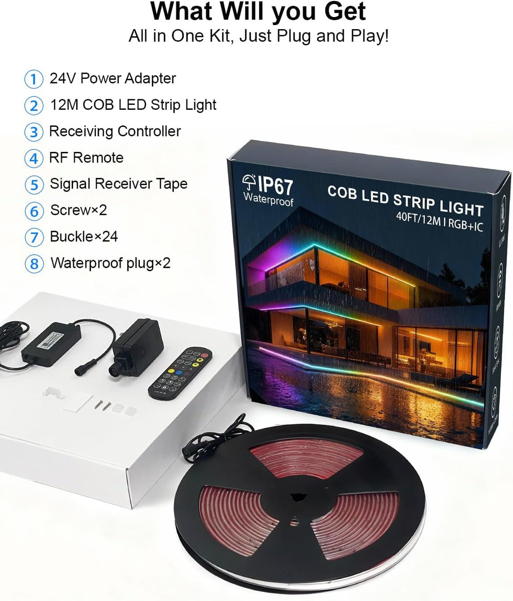 40ft COB LED Strip Lights Outdoor, COB Strips RGB Smart IC IP67 Waterproof Dimmable ,Color Flowing Tape Light with App Control & Music Sync, Dotless LED Light for Outdoor,Patio,Garden,Party Deco