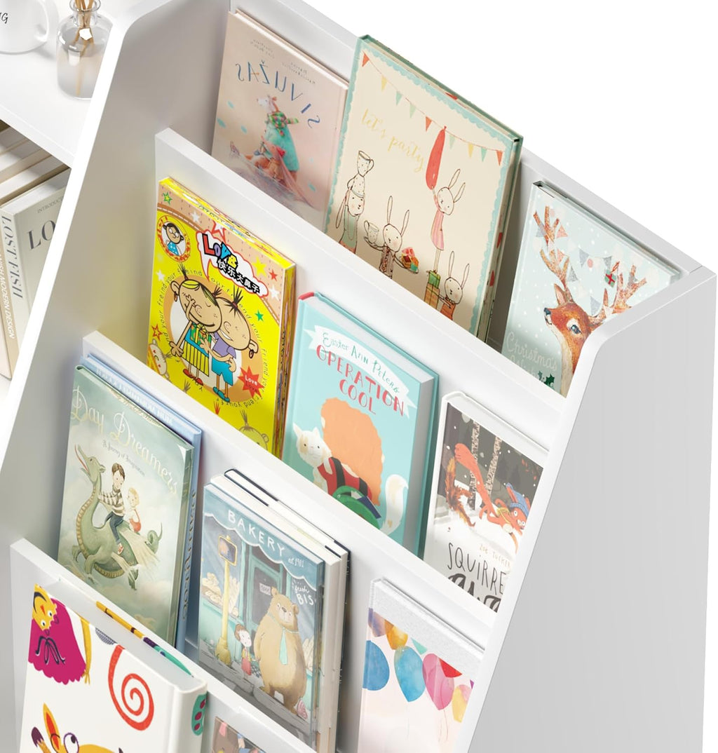 6 Tier Kids Wooden Bookshelf and Toy Storage, Children Toy Organizer with Book Shelves, Easy Assembly, Toddler BookRack Baby Bookcase for Nursery, Playroom and Classroom, White (White)
