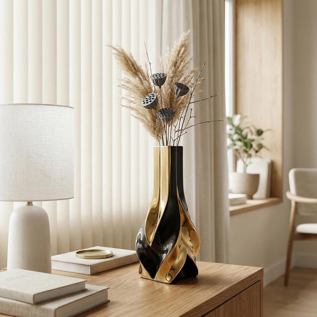 10.6" Black and Gold Ceramic Vase, Modern Geometric Flower Vase for Dining Table Centerpiece, Elegant Decorative Vase for Pampas Grass, Living Room, Bedroom, Office, Tabletop Decoration