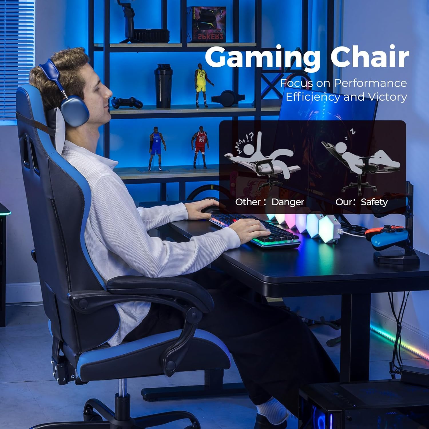 GTPLAYER Gaming Chair, Video Game Chairs Racing Style PC Game Chairs 350lbs for Adults - Padded High Back Ergonomic Reclining Silla Gamer, Linkage Armrest, Blue