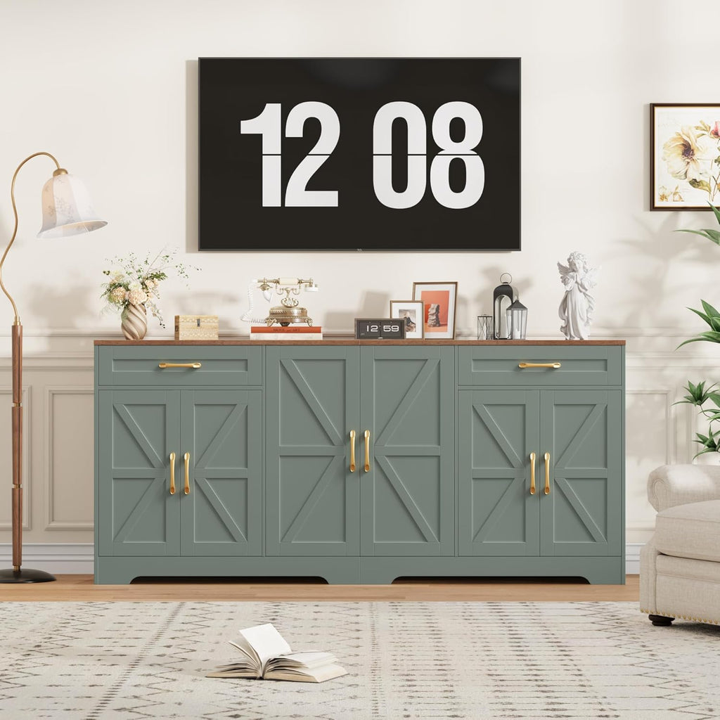 BOTLOG 71” Large Sideboard Buffet Cabinet with Storage, Farmhouse Kitchen Buffet Cabinet with Adjustable Shelves and 6 Barn Doors, Wood Coffee Wine Bar Console Table for Kitchen, Dining Room, Green