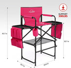 OmySalon Tall Folding Directors Chair with Side Table Storage Bag, Aluminum Frame 300 lbs Capacity, Portable Makeup Artist Bar Height, 19.7" D x 24.6" W x 45.7" H(Rose Red)