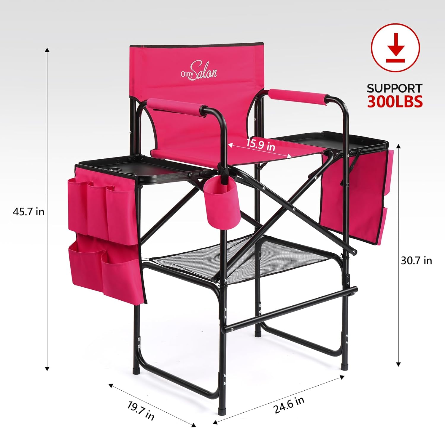 OmySalon Tall Folding Directors Chair with Side Table Storage Bag, Aluminum Frame 300 lbs Capacity, Portable Makeup Artist Bar Height, 19.7" D x 24.6" W x 45.7" H(Rose Red)