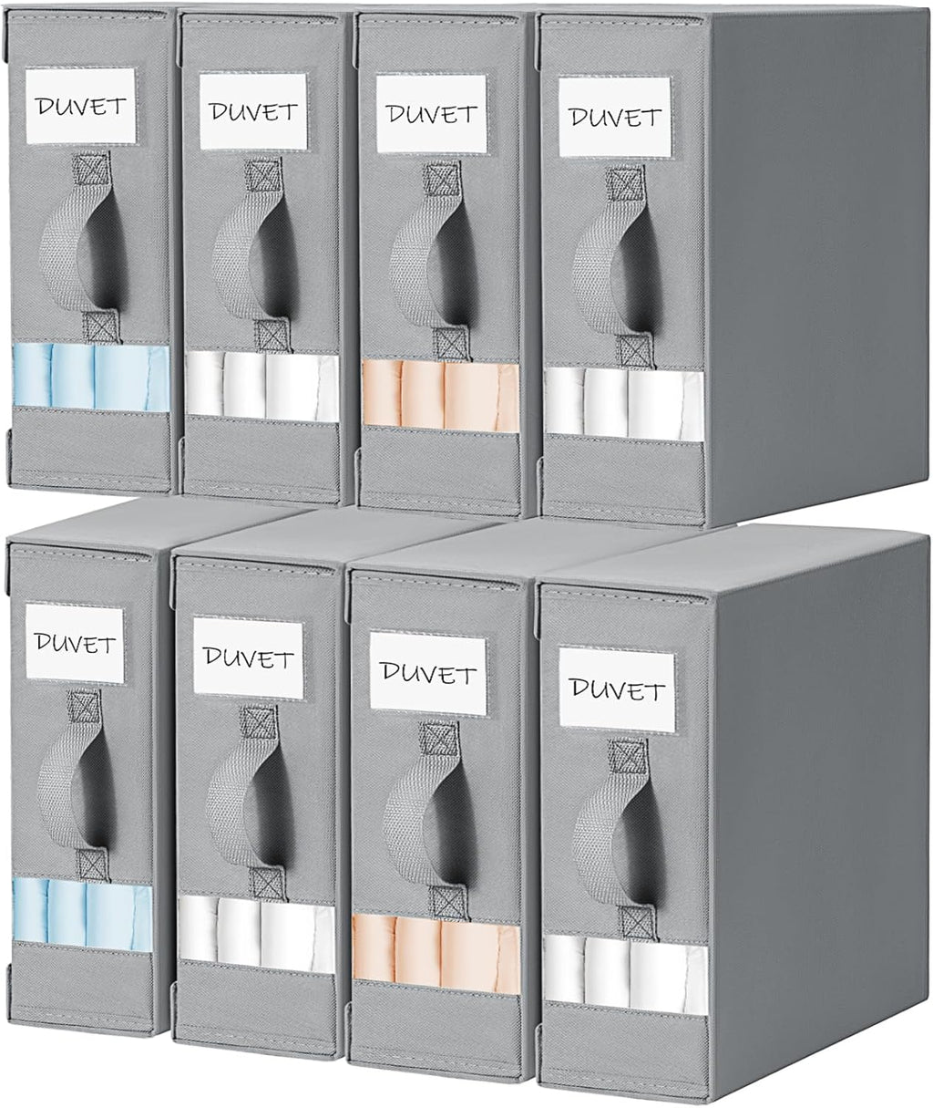 DIMJ Bed Sheet Organizers and Storage 8 Pack - Foldable Sheet Holder for Linen Bedding Storage Box for organization, Sheets Set Holder for Blanke, Towel (King & Queen Size), Grey