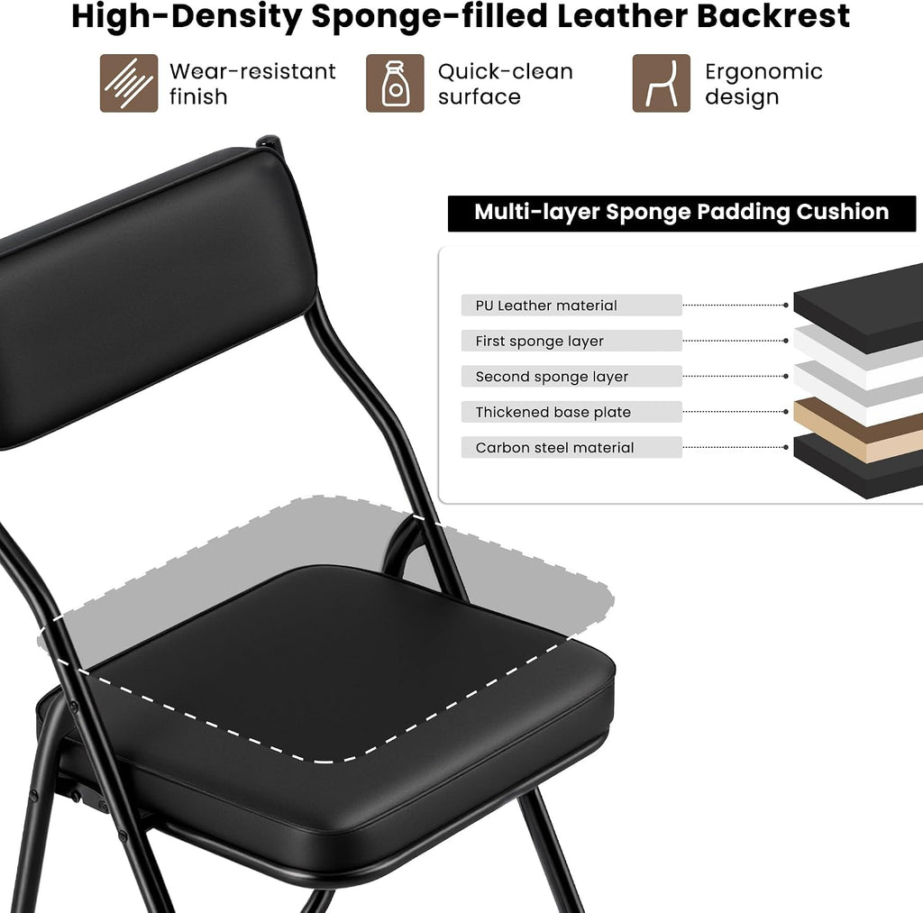 4 Pack Black Padded Folding Chairs with PU Leather Cushion and Backrest, Upholstered Foldable Dining Chair with Metal Frame for Indoor Outdoor Party Wedding Office Events, 380lbs Capacity