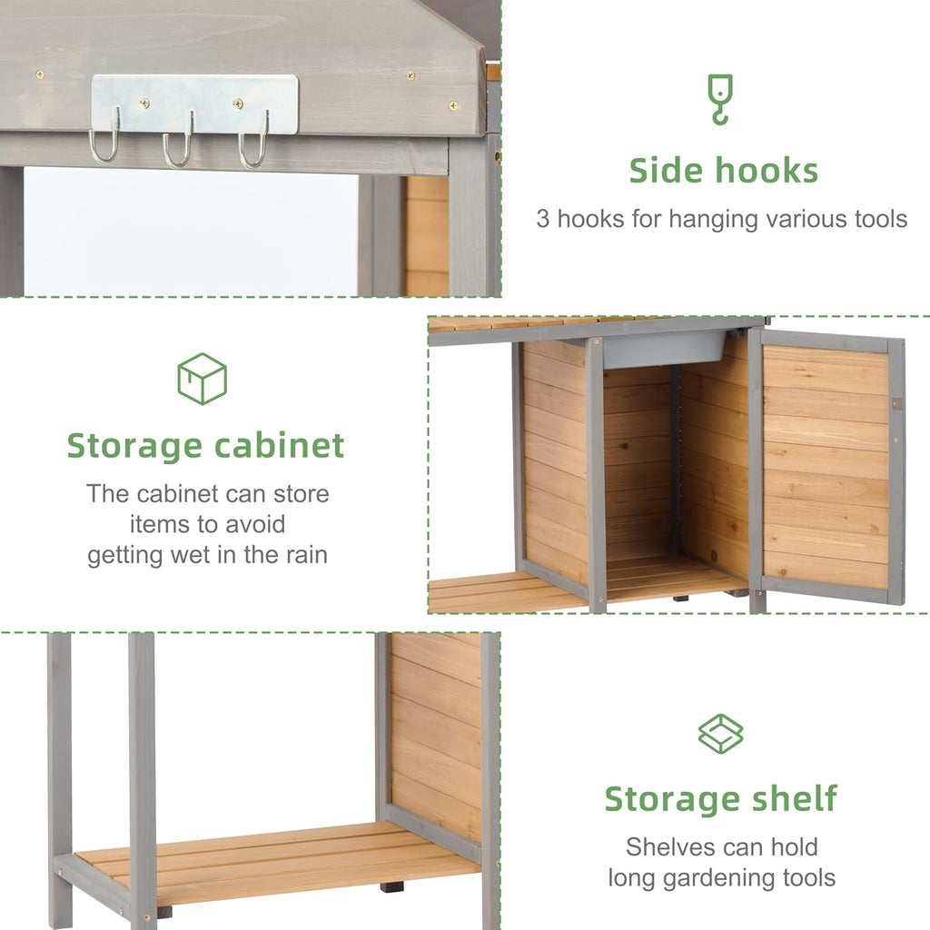 Outdoor Wooden Potting Bench Table with Sink, Garden Table Work Bench with Storage, Workstation for Outside Patio Lawn