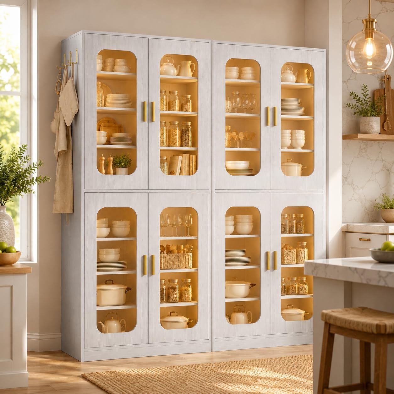 Cyclysio 67" LED Kitchen Pantry Cabinet with 6 Adjustable Shelves, Tempered Glass Doors, Built-in Color-Changing LED, Large Storage Cupboard for Kitchen, Dining, Living Room, and Bathroom, Grey