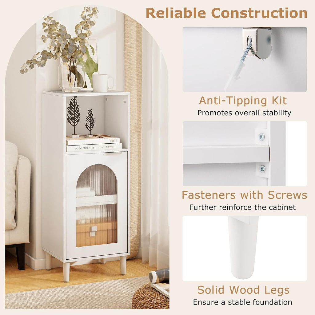 Tangkula Bathroom Floor Cabinet, Wood Side Storage Organizer with Adjustable Shelf, Tempered Glass Door, Anti-Tipping Kit & Solid Wood Legs, Narrow Cabinet for Living Room (White, 14” x 12” x 35.5”)
