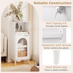 Tangkula Bathroom Floor Cabinet, Wood Side Storage Organizer with Adjustable Shelf, Tempered Glass Door, Anti-Tipping Kit & Solid Wood Legs, Narrow Cabinet for Living Room (White, 14” x 12” x 35.5”)