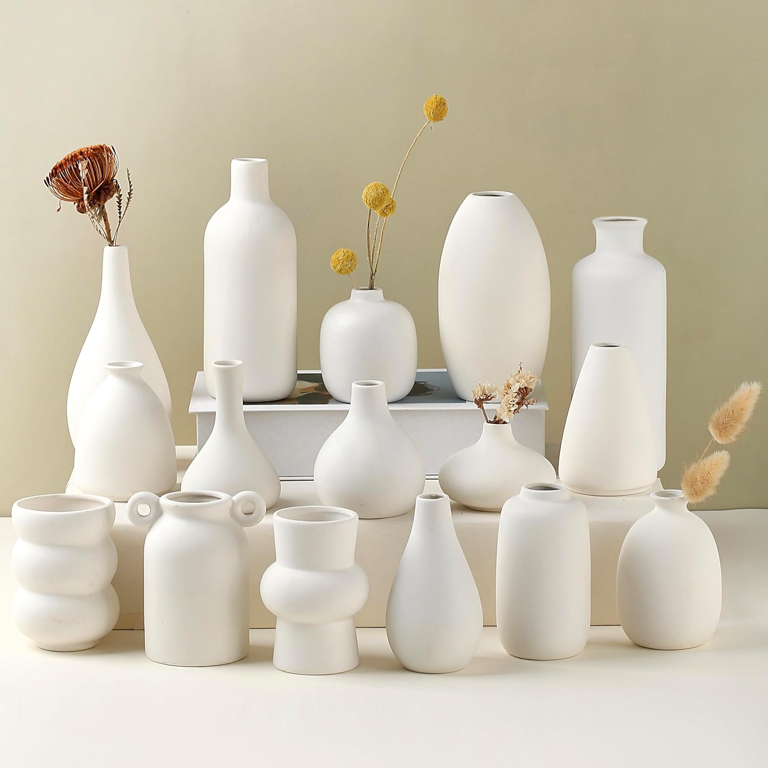 Set of 16 White Ceramic Bud Vases, Minimalist Boho Small Pampas Grass Flower Vase for Farmhouse Home Decor, Wedding Centerpiece, Shelf and Table Decoration