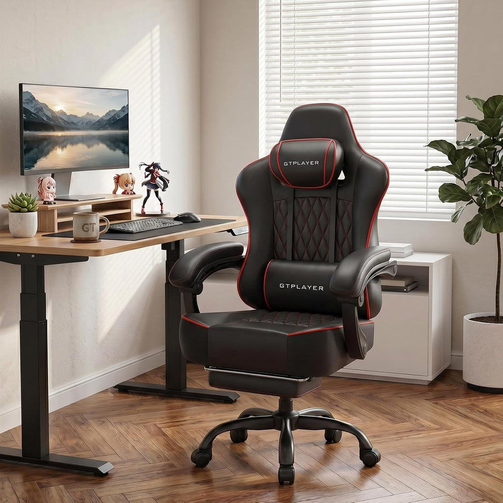 GTPLAYER Gaming Chair, 𝐁𝐢𝐠 𝐚𝐧𝐝 𝐓𝐚𝐥𝐥 Gaming Chair for Adults, 𝐖𝐢𝐝𝐞 𝐒𝐞𝐚𝐭 Computer Game Chairs with 𝐓𝐡𝐢𝐜𝐤 𝐏𝐨𝐜𝐤𝐞𝐭 𝐒𝐩𝐫𝐢𝐧𝐠 𝐂𝐮𝐬𝐡𝐢𝐨𝐧 & Footrest,Black & Red