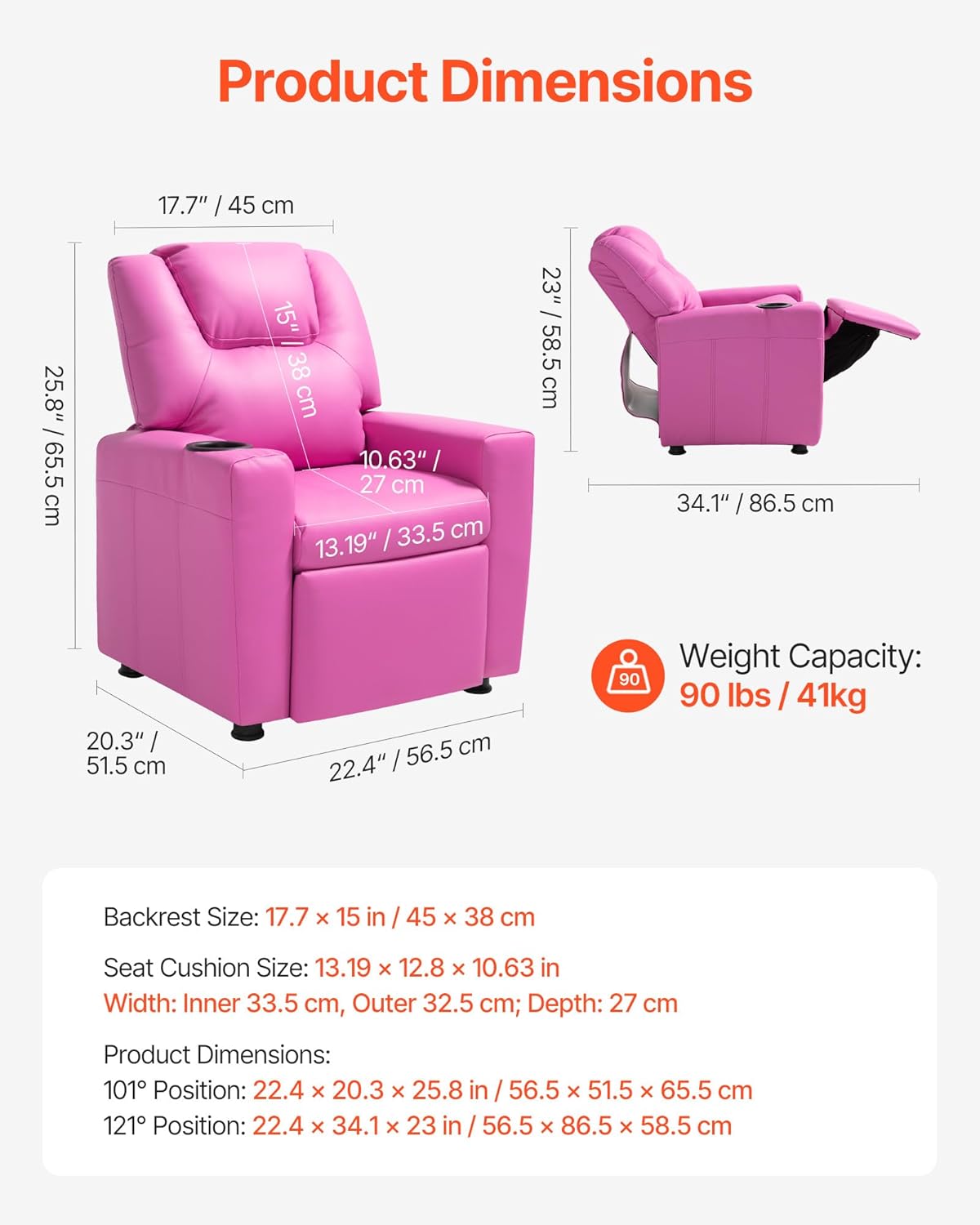 VEVOR Kids Recliner, Toddler Recliner with Cup Holder, 101° to 121° Adjustable Backrest, Push Back PU Leather Kids Reclining Chair Couch with Footrest & 90 lbs Load, Ideal for Child Ages 1-6, Pink