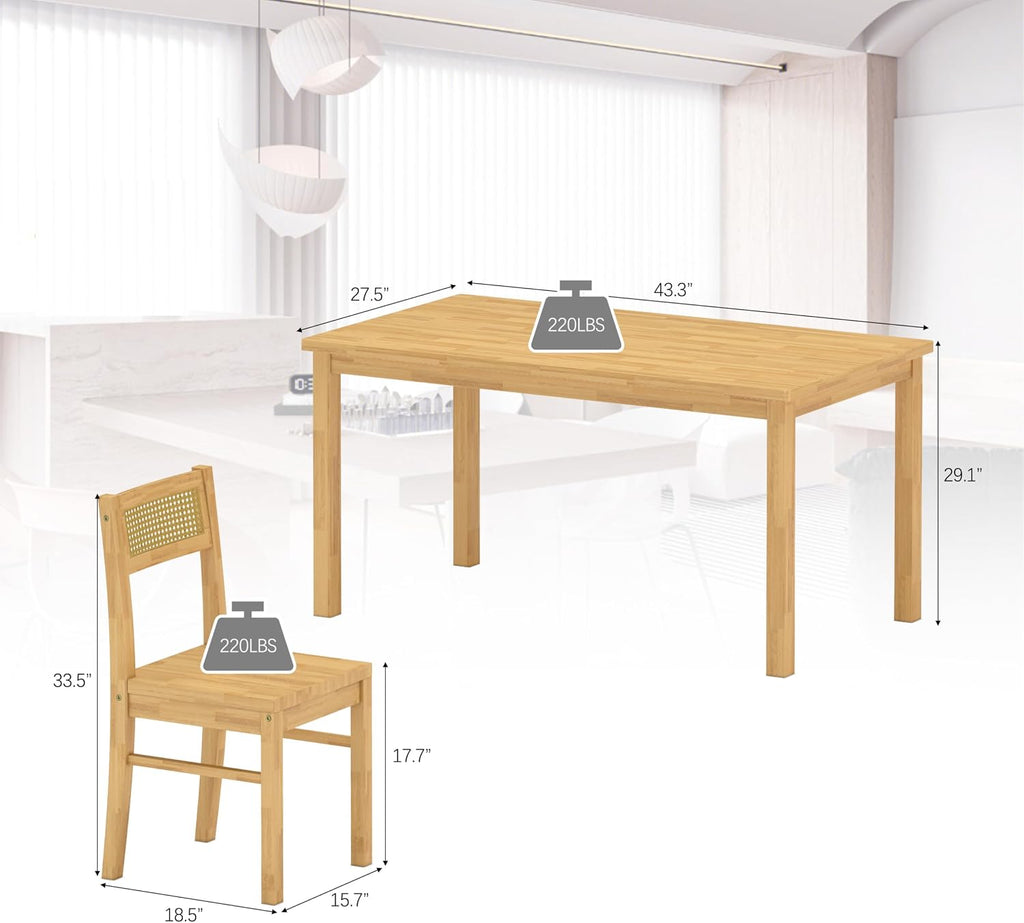 Solid Wood Dining Table Set for 4, 43.3" Dining Table with Chairs Set, Kitchen Dining Table Set with Woven Rattan Backs, Farmhouse Solid Wood Table and Chairs, Natural